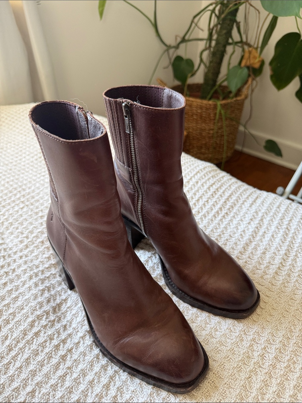 FRYE Brown Leather Ankle Boots with Side Zip